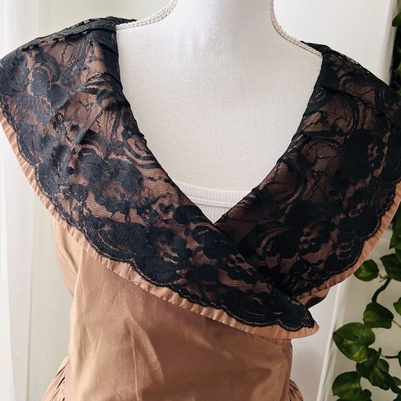 Newport News Brown Satin Fit & Flare Dress with Black Lace Collar Modest -Size 8 - Picture 2 of 8